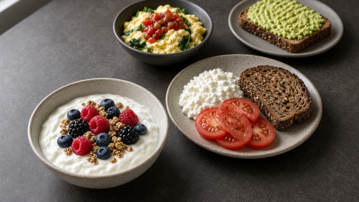 Greek yogurt, cottage cheese, an upgraded egg scramble, and avocado toast arranged for comparison.