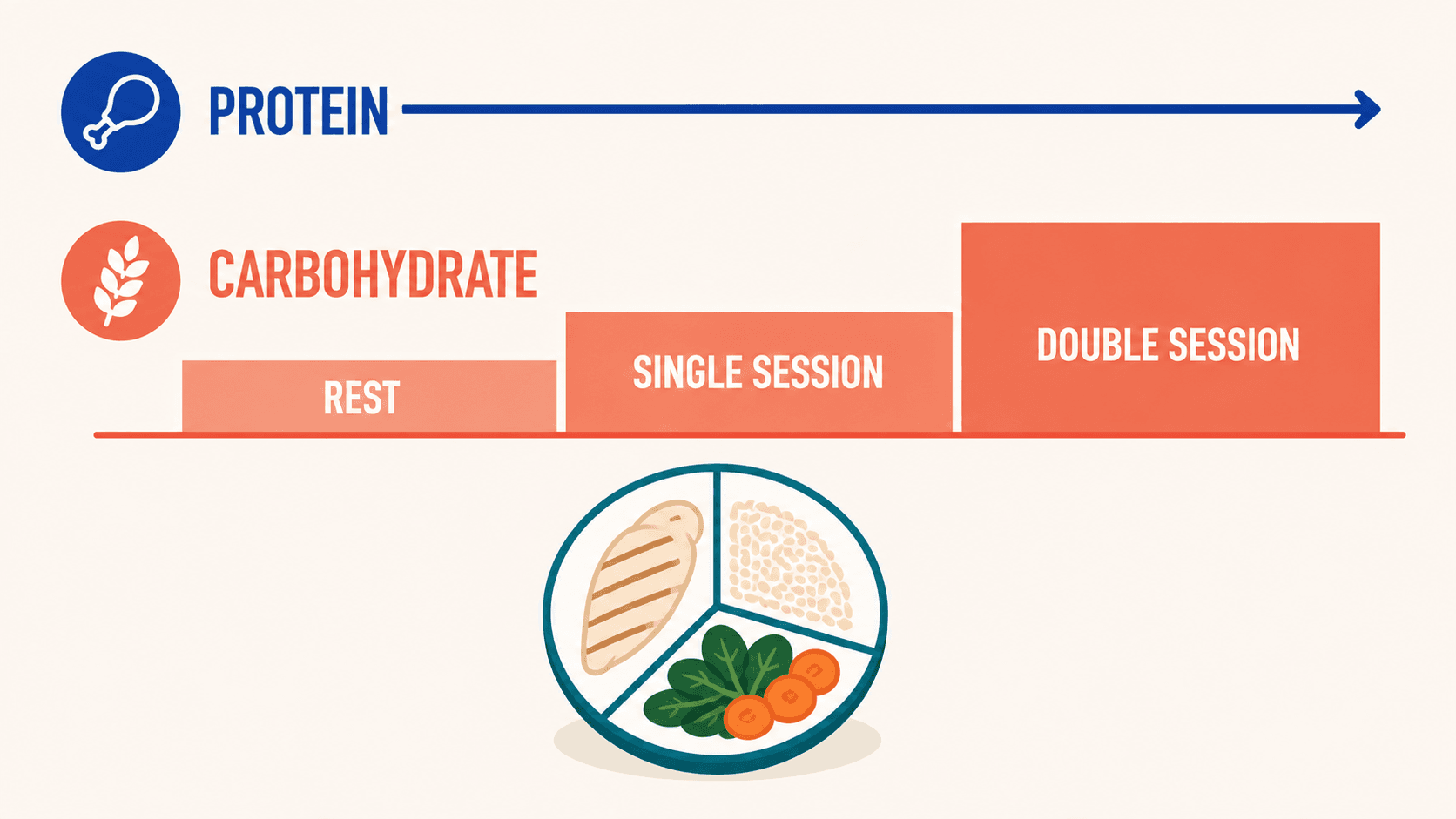 Protein stays steady while carbohydrate rises from rest to single- and double-session days.