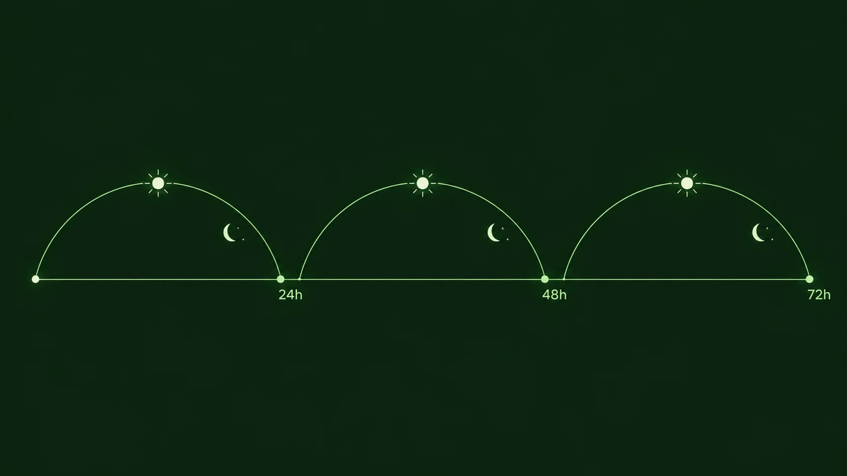 Three connected day arcs mark 24, 48, and 72 hours of recovery.