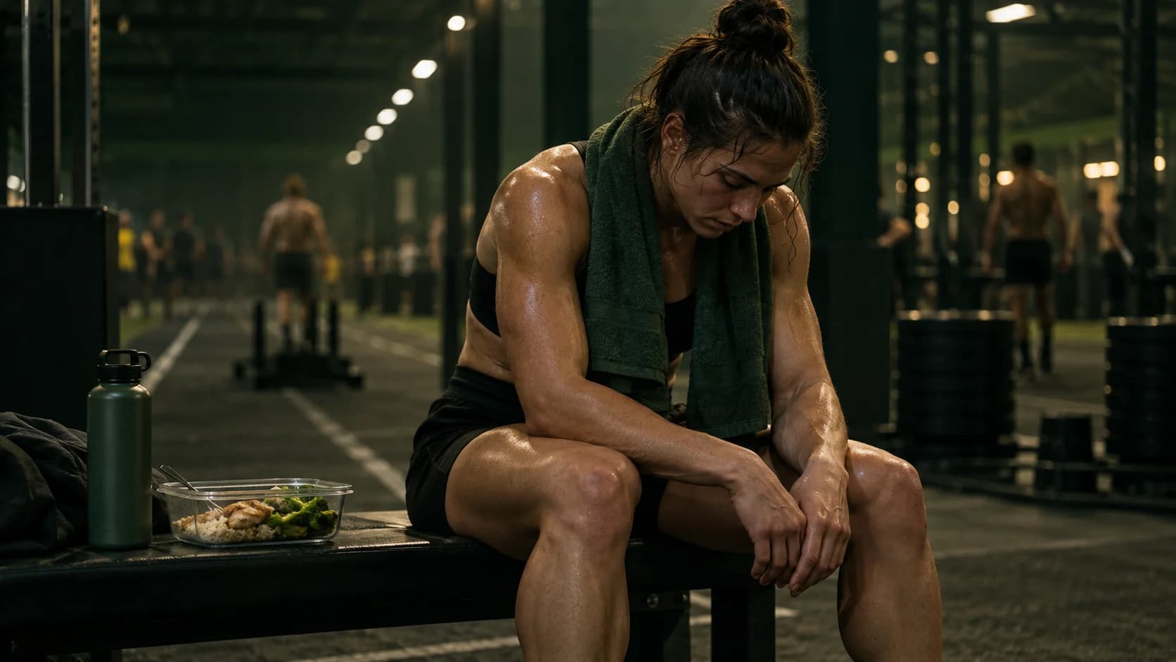 An athlete resting with food and water after an indoor hybrid race.