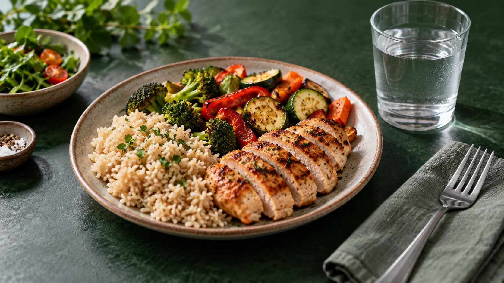 A post-race meal with rice, chicken, vegetables, and water.