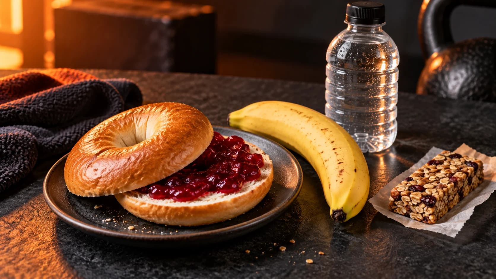 A familiar pre-race bagel, banana, snack, and water ready to take to the venue.