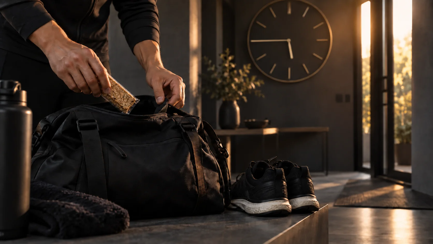 A snack being packed into a race bag beneath a late-afternoon clock.