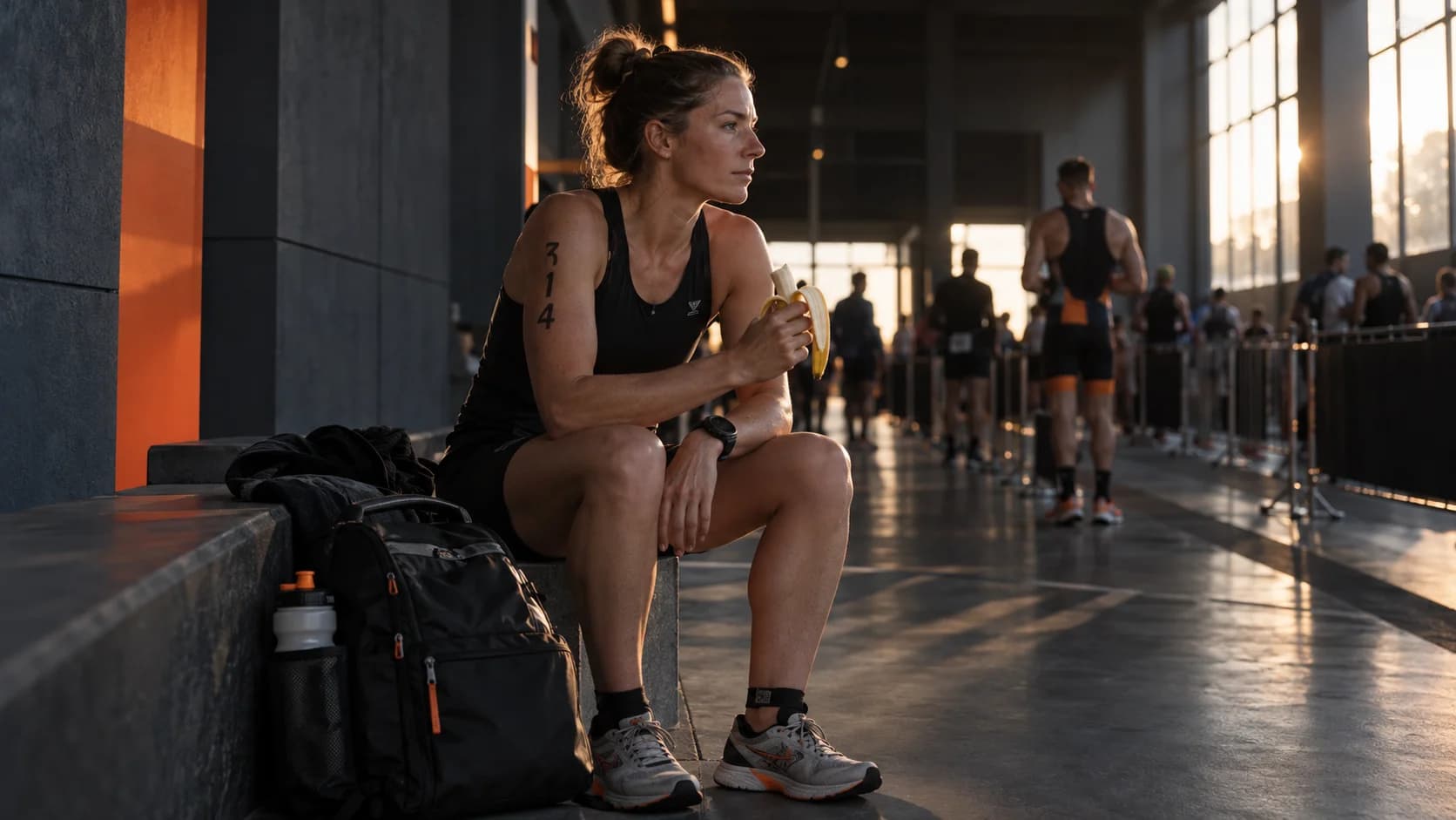 An athlete waiting near the start area with a race bag and snack.