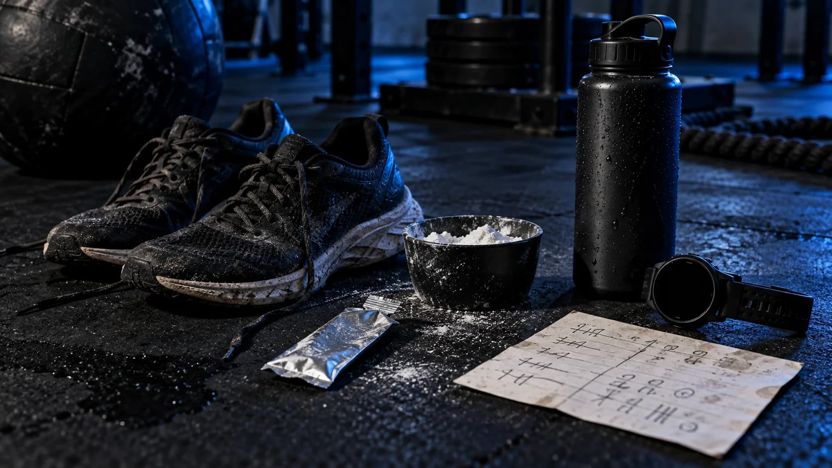 Training shoes, a water bottle, a gel wrapper, and a simulation log after practice.