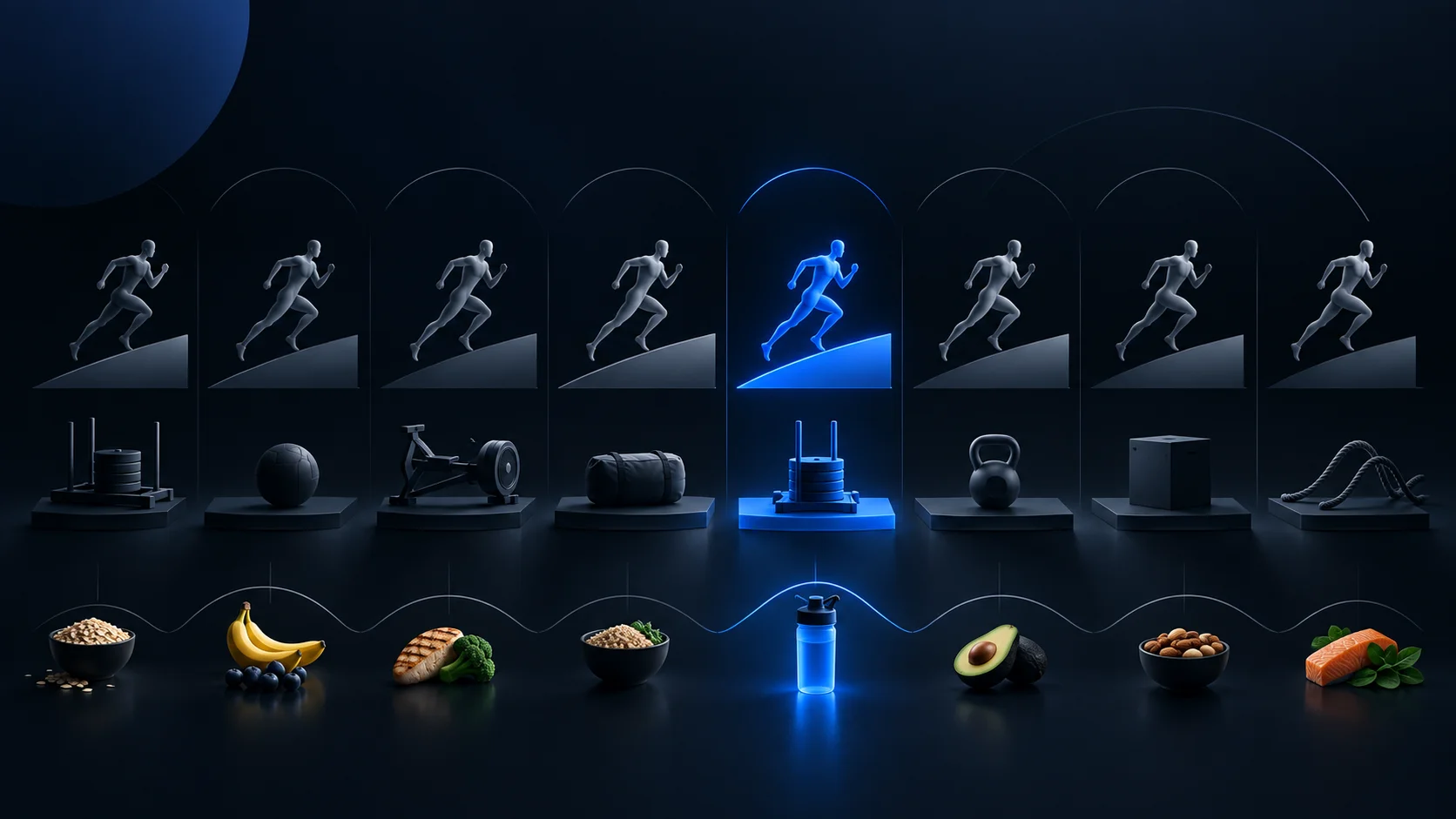 Illustration of eight running and station segments with one full simulation emphasized.