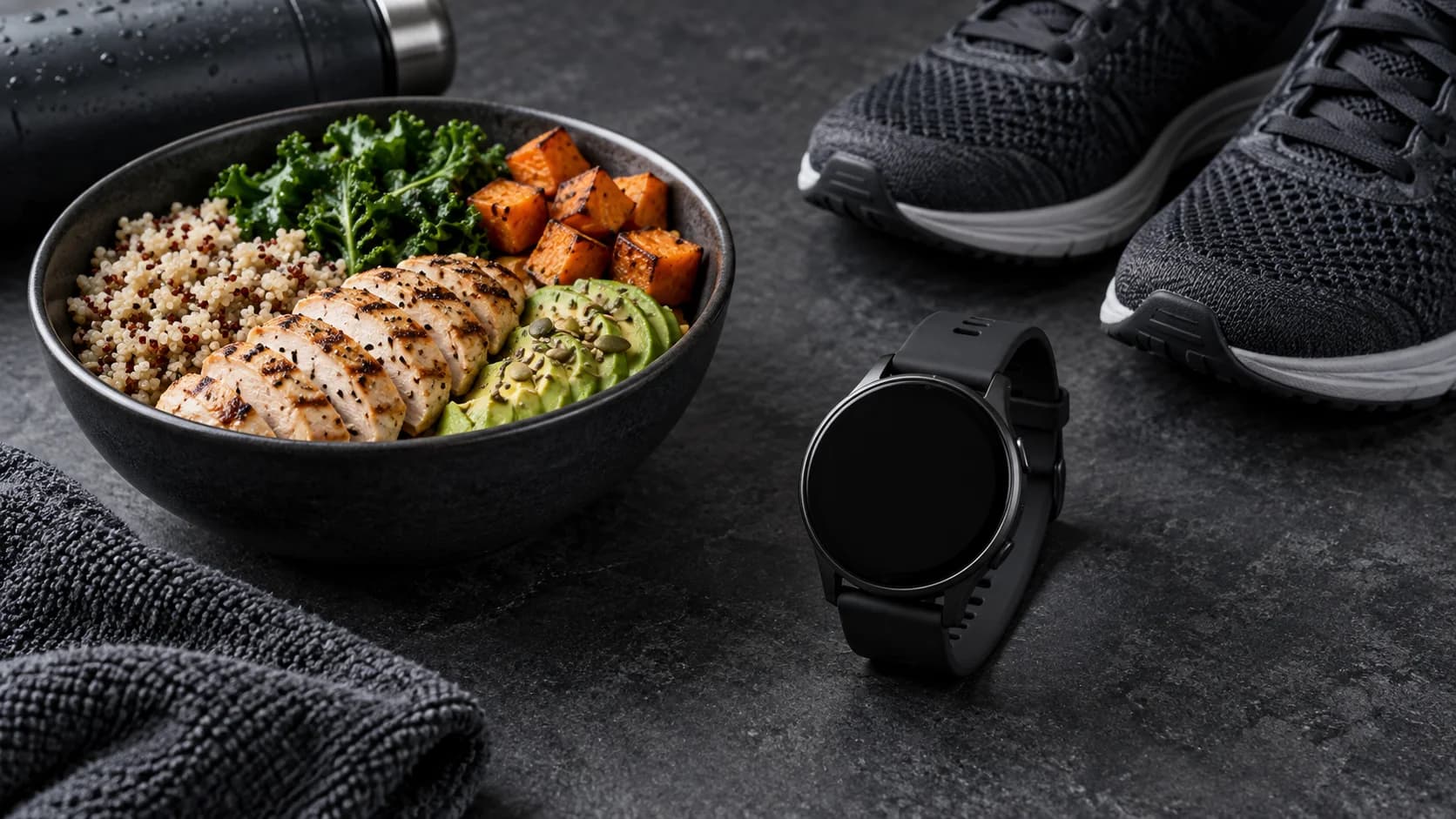 A meal planned beside a sports watch with its screen turned off.