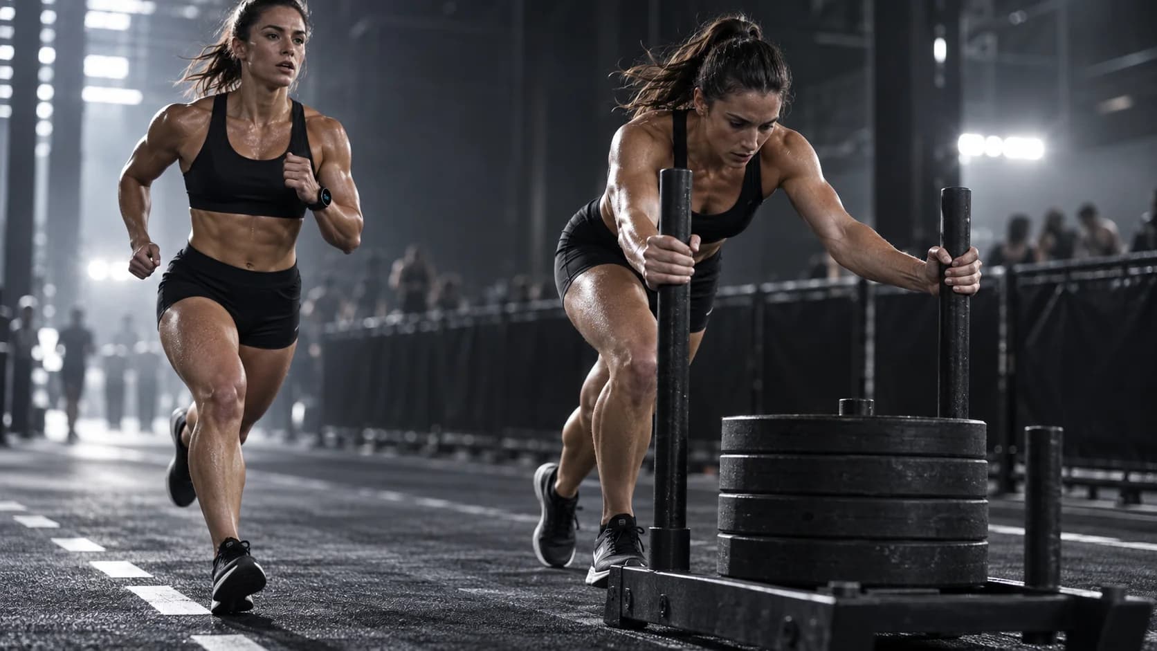 An athlete moving from a run into a sled push during a hybrid session.