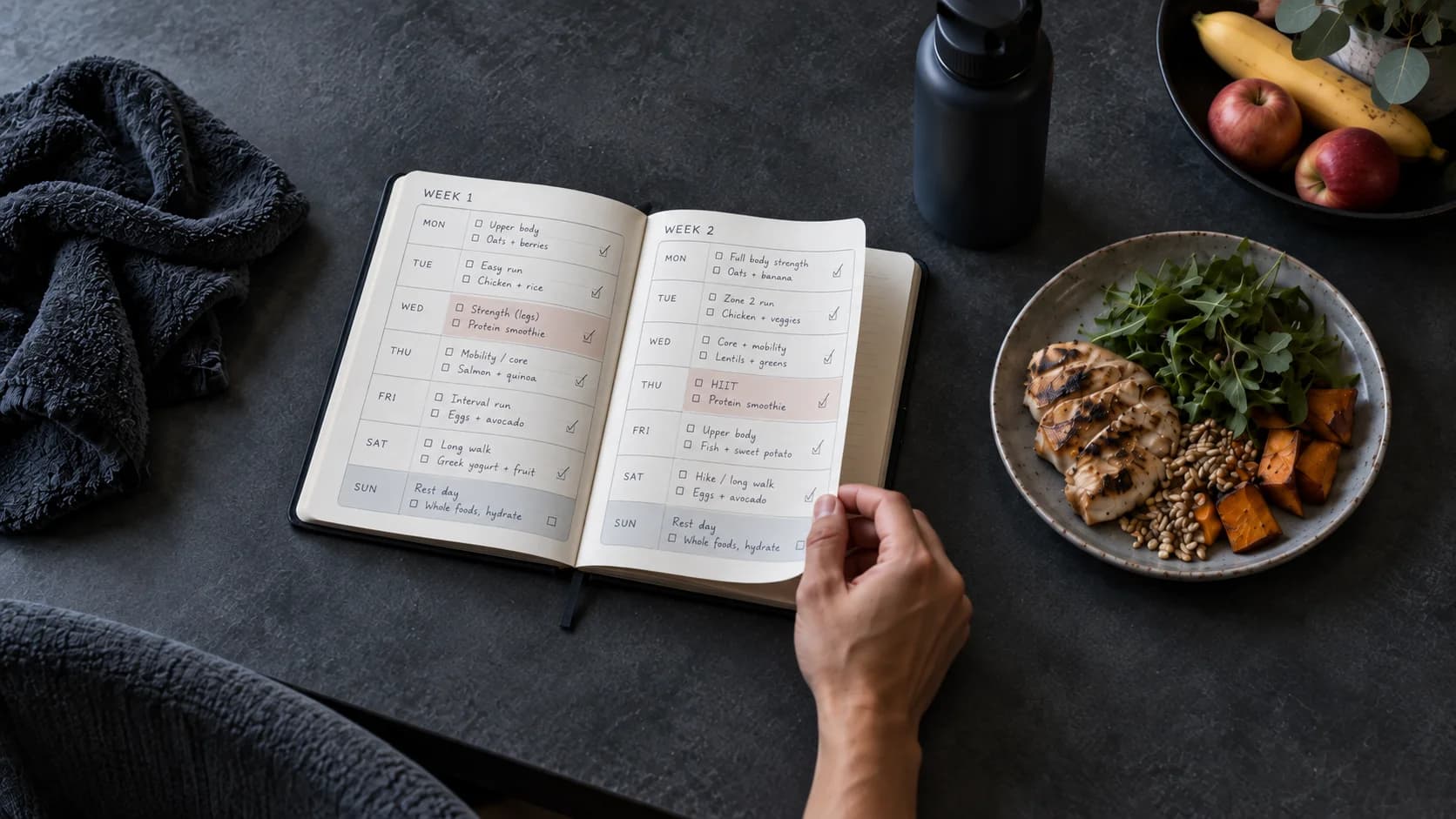 An open journal showing two weeks of training and meal notes beside a recovery meal.
