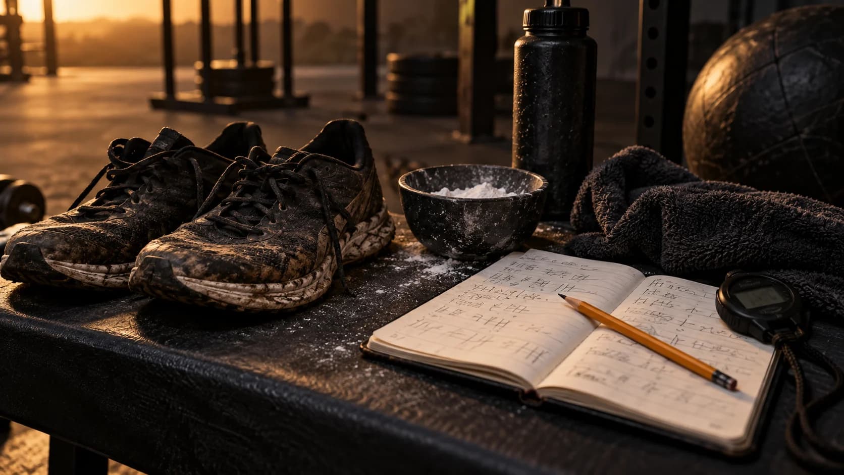 Training shoes and a notebook beside station equipment for tracking performance across a cut.