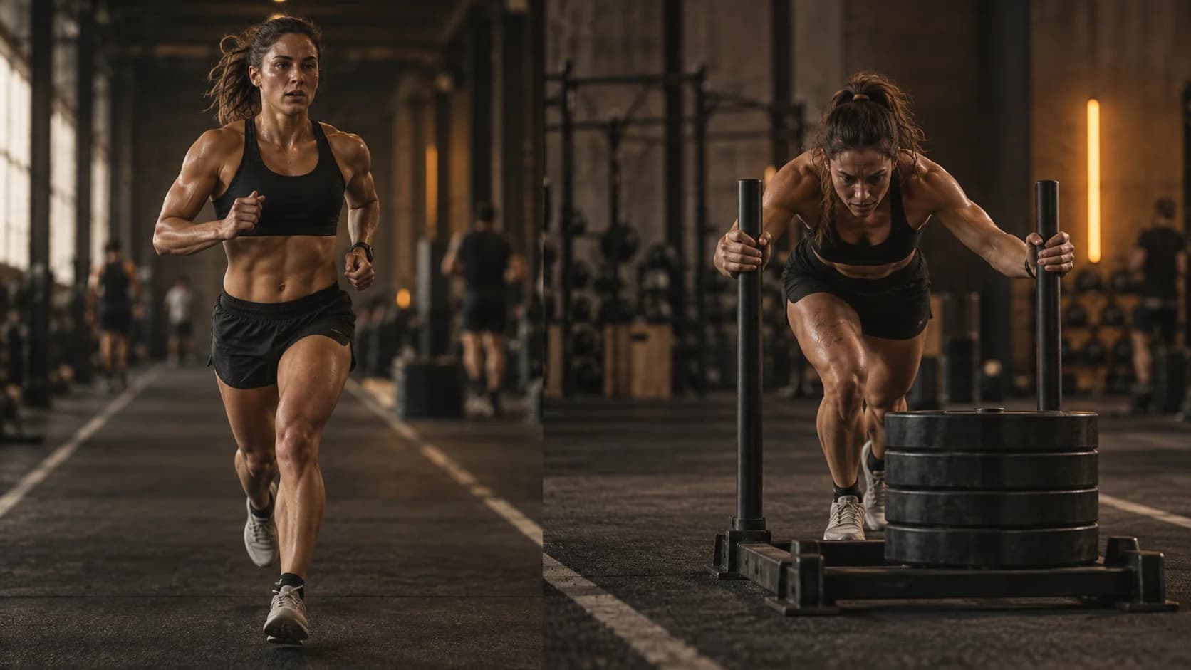 A hybrid athlete running and pushing a sled in the same training session.
