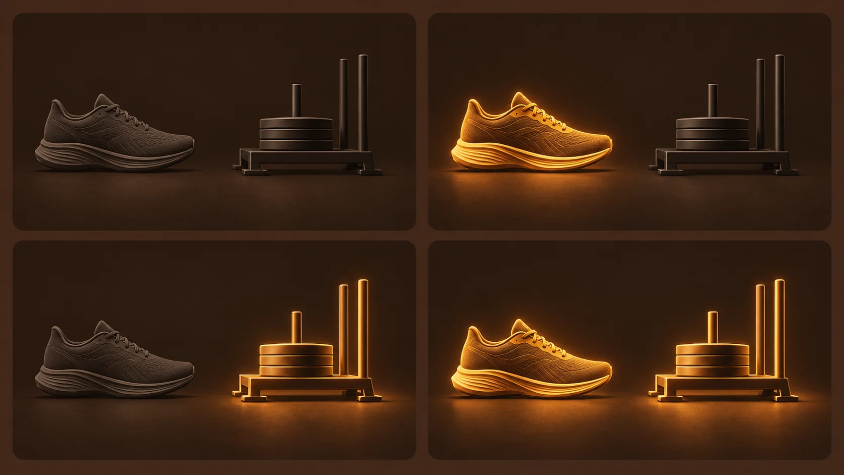 Four panels highlight running and sled work separately and together.