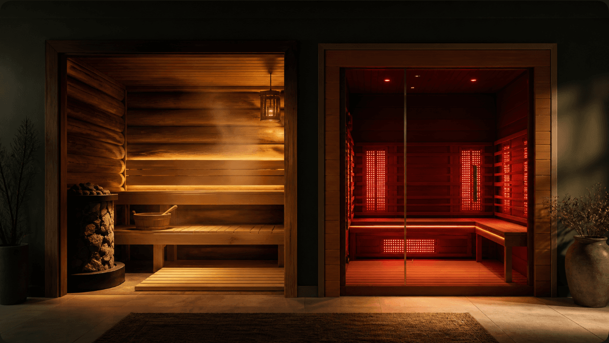 Traditional Finnish sauna beside a modern infrared sauna, showing their different heat environments.