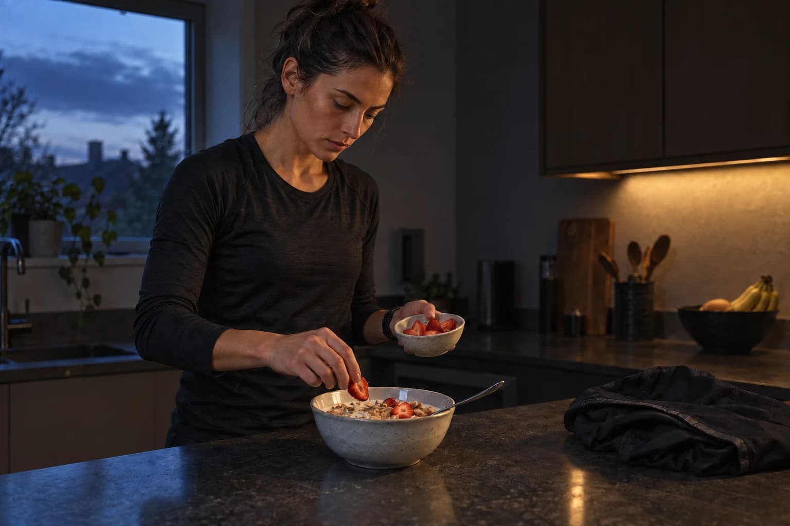 A runner preparing cereal and strawberries before dawn.