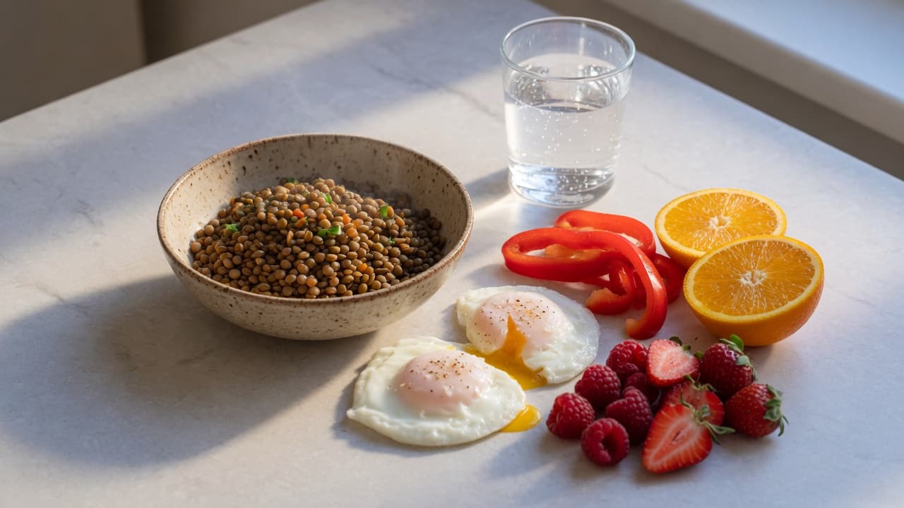 Iron-rich breakfast with vitamin C foods, illustrating a meal that supports iron absorption.