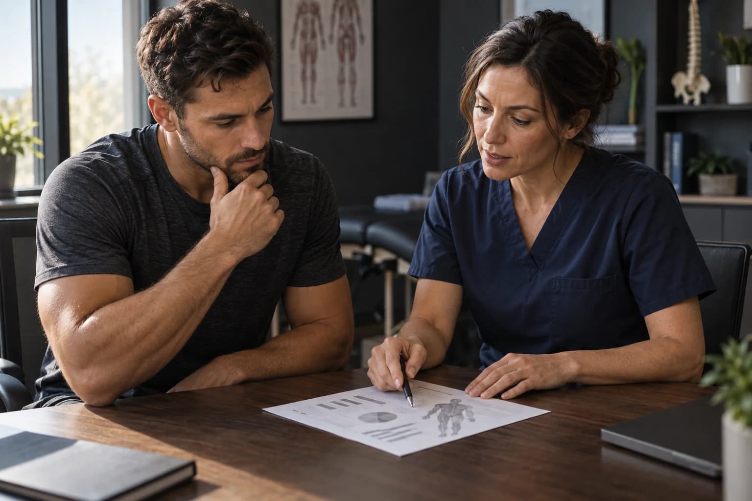 A clinician and an athlete reviewing a printed body-composition report together.