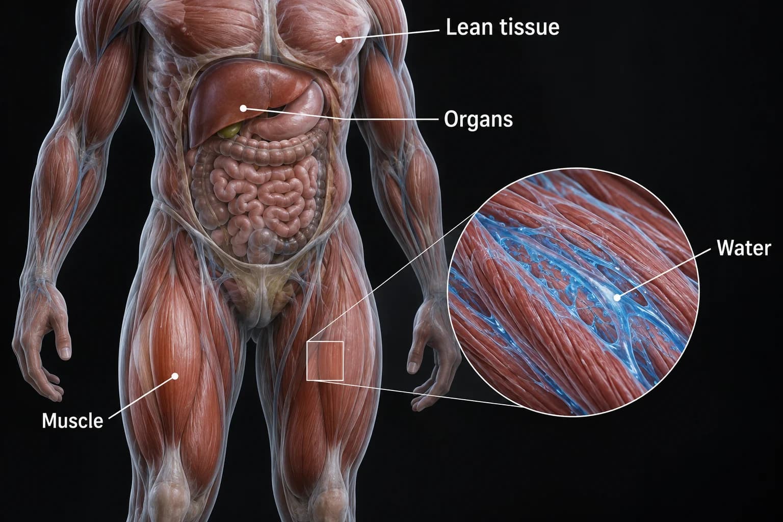 An anatomical illustration identifying muscle, organs, and water within lean tissue, with a magnified muscle detail.