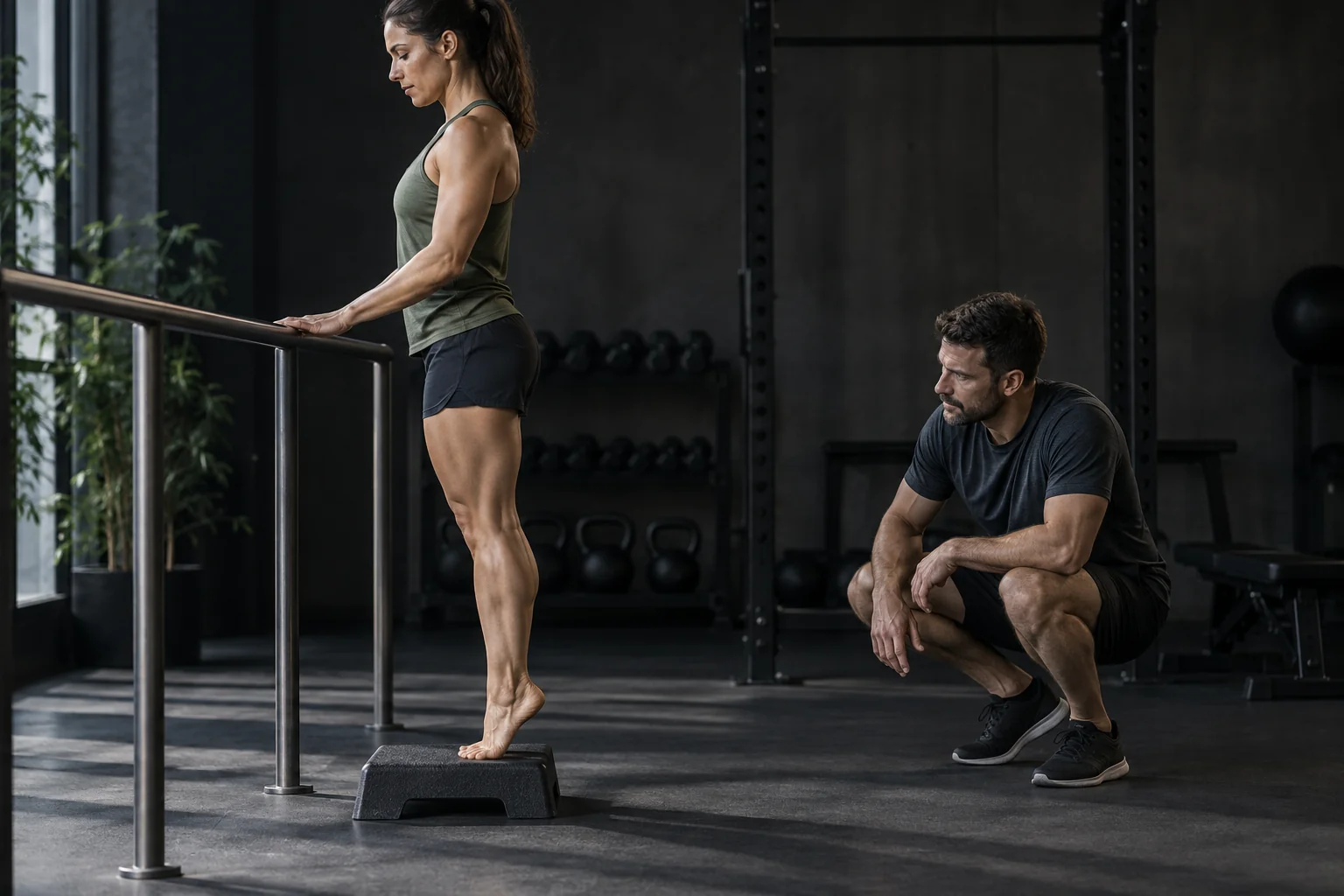 An athlete performing a supported calf raise on a low step while a physiotherapist observes her movement.