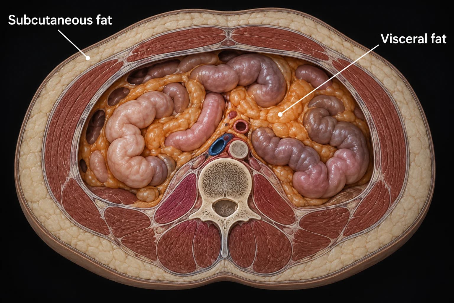 An abdominal cross-section showing subcutaneous fat outside the muscle wall and visceral fat around the internal organs.