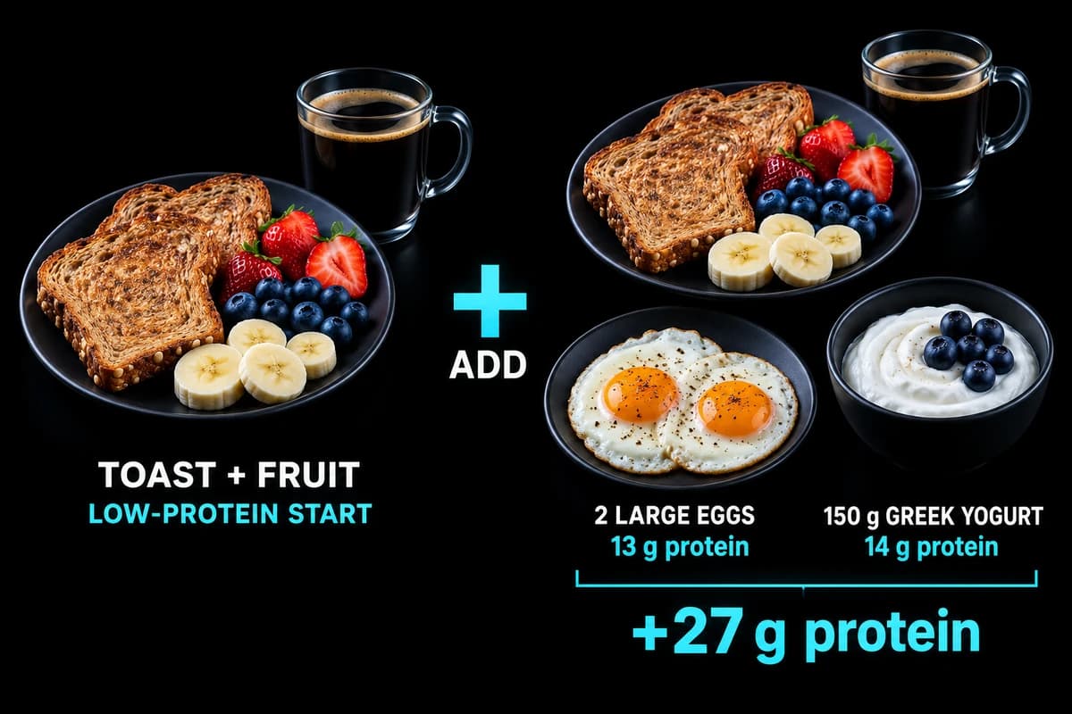 A toast and fruit breakfast upgraded with two eggs and Greek yogurt, adding about 27 grams of protein.