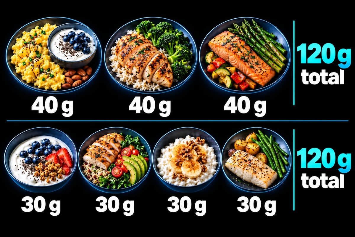 Three meals with 40 grams of protein and four meals with 30 grams both add up to 120 grams of protein.