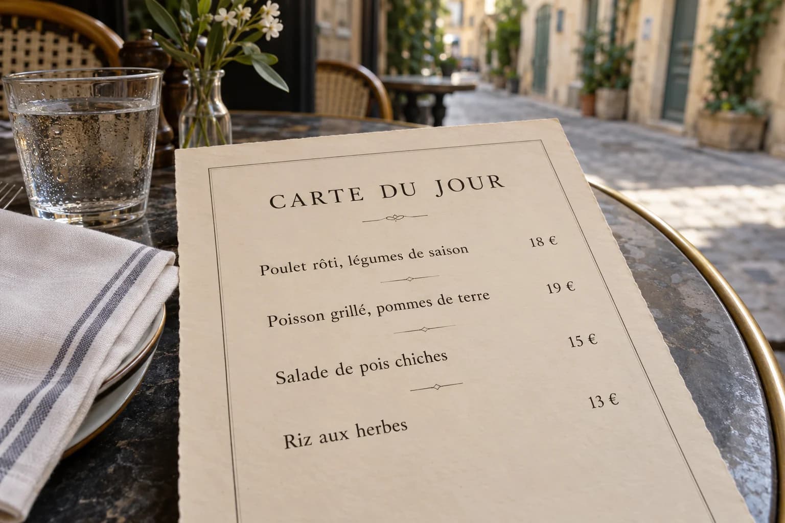 French bistro menu on an outdoor café table with a water glass and linen napkin