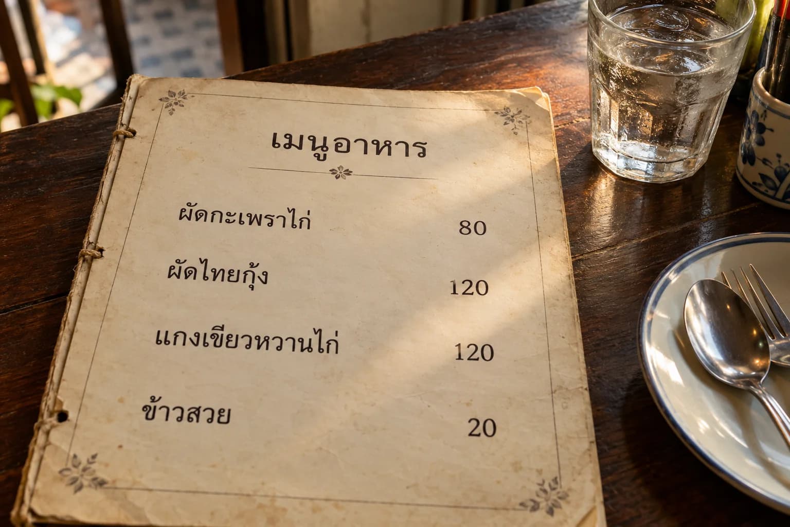 Thai-language restaurant menu on a wooden table beside a glass of water and cutlery