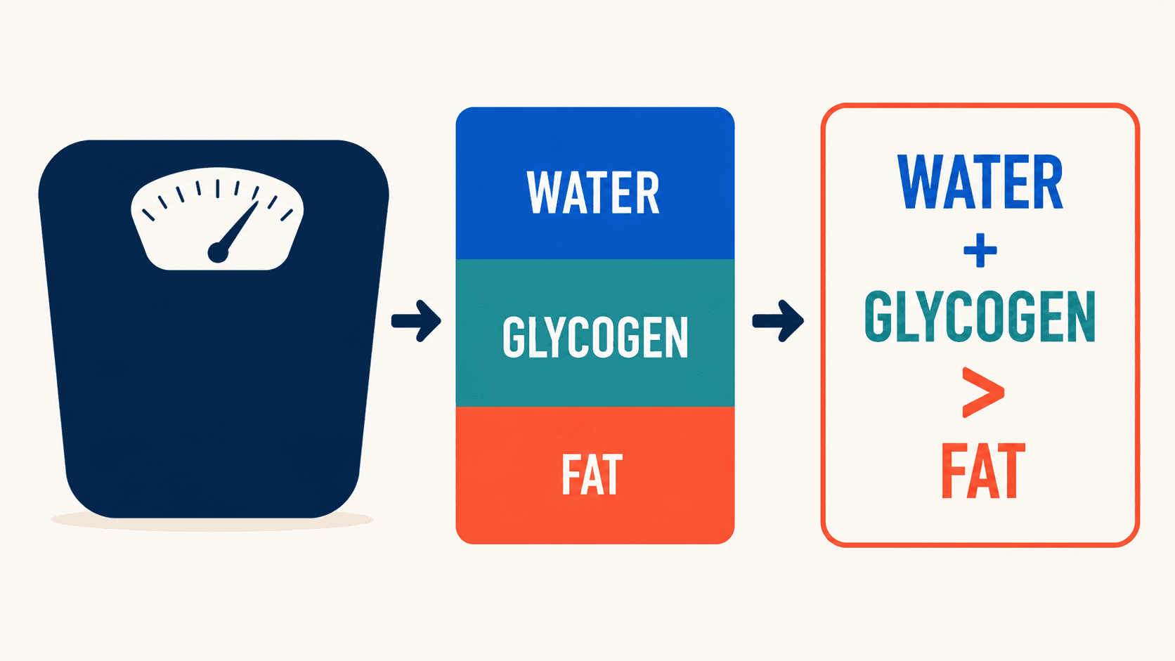 Early scale changes can be driven by water and glycogen rather than fat.