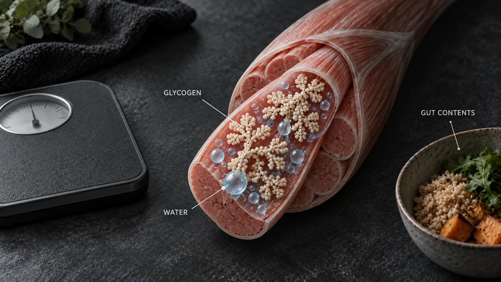 Conceptual muscle cutaway showing glycogen and associated water beside a scale and a meal representing additional gut contents.