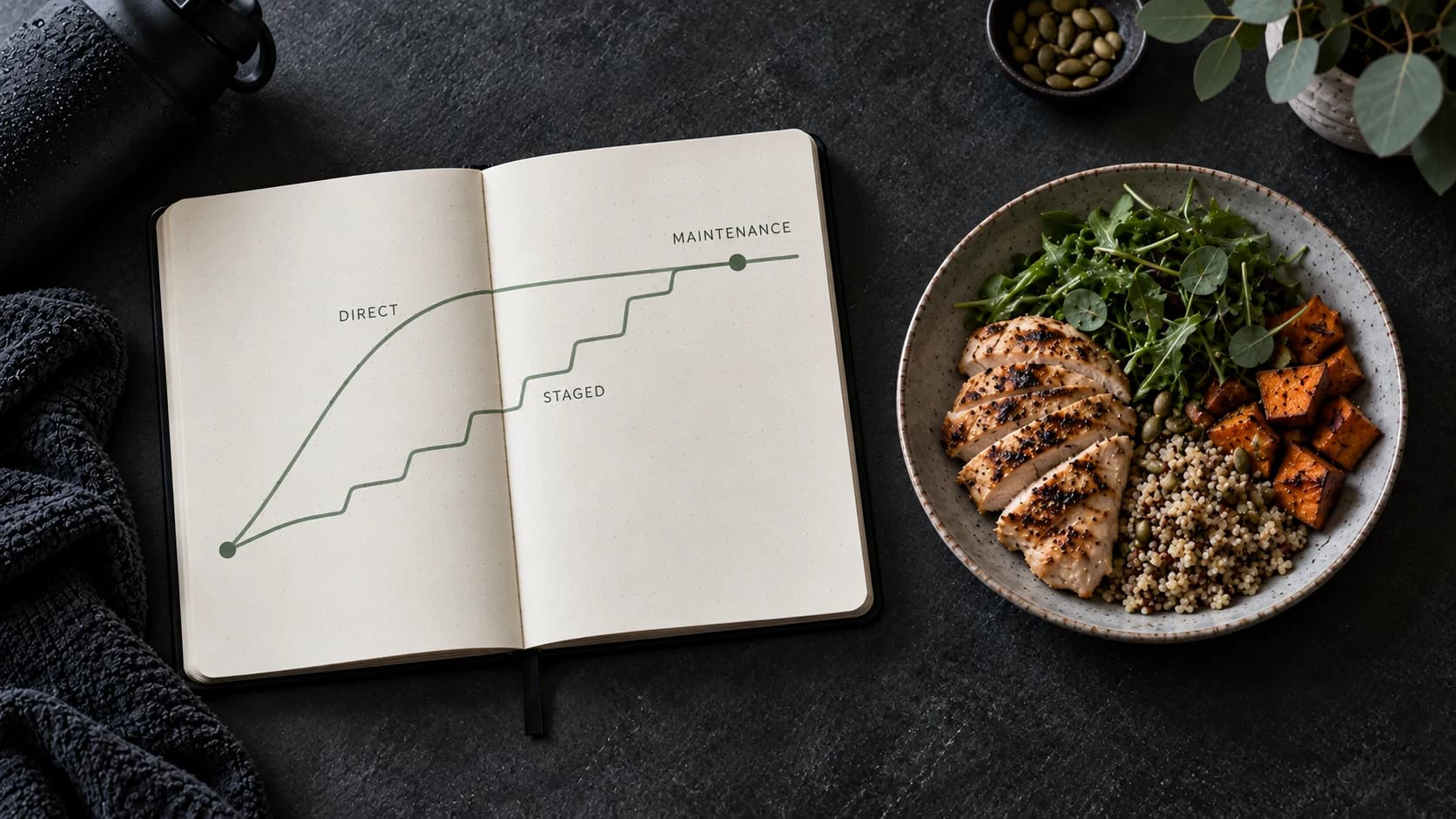 Direct and staged calorie increases follow two paths toward the same maintenance level in a meal-planning notebook.