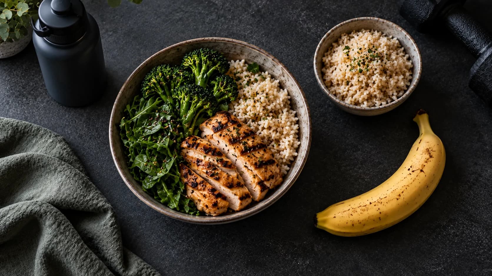 Chicken, rice, and vegetables with an extra serving of rice and a banana for rebuilding carbohydrate intake after a cut.