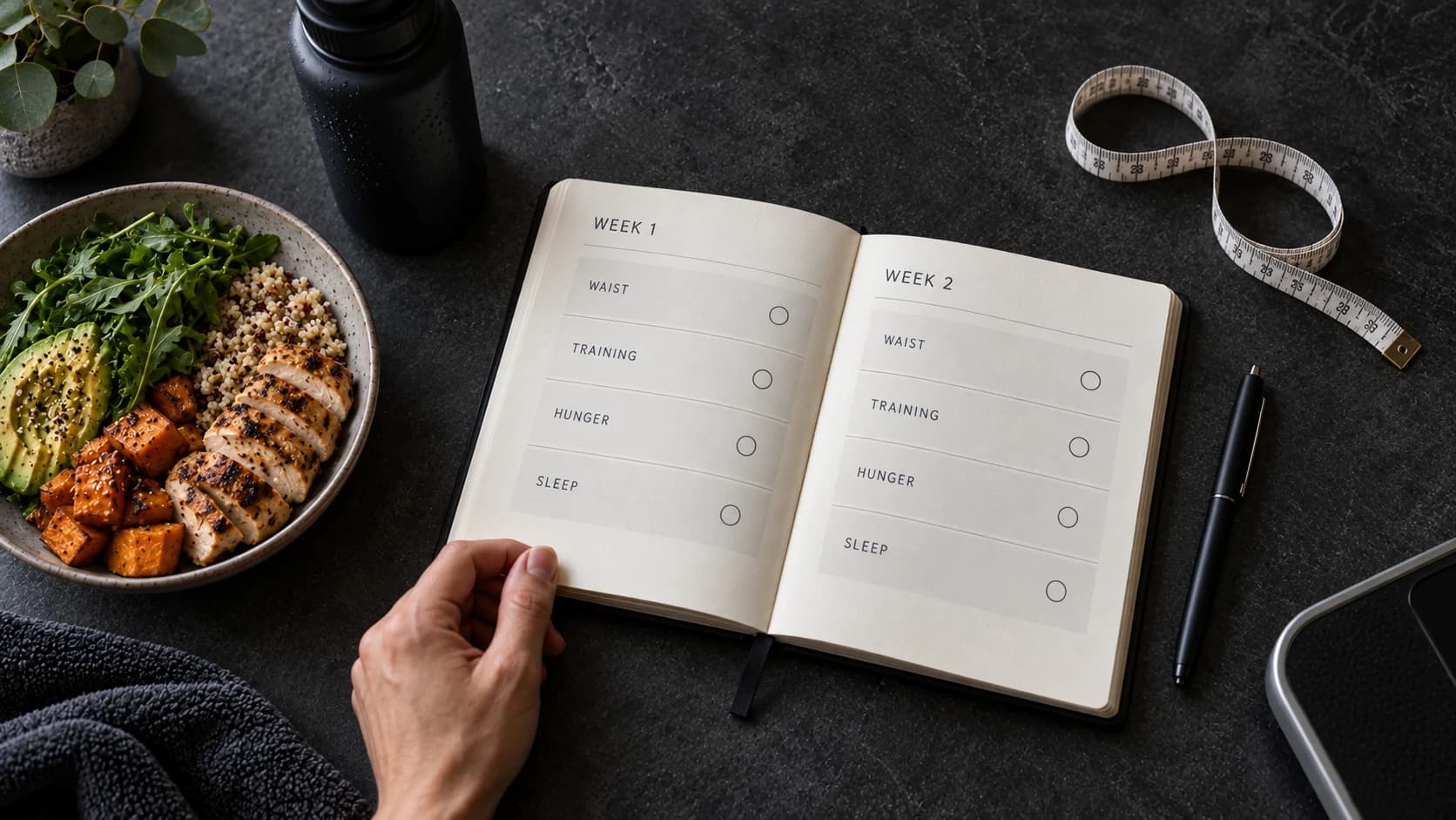 Two-week recovery notebook tracks waist, training, hunger, and sleep beside a measuring tape, with the scale at the edge.