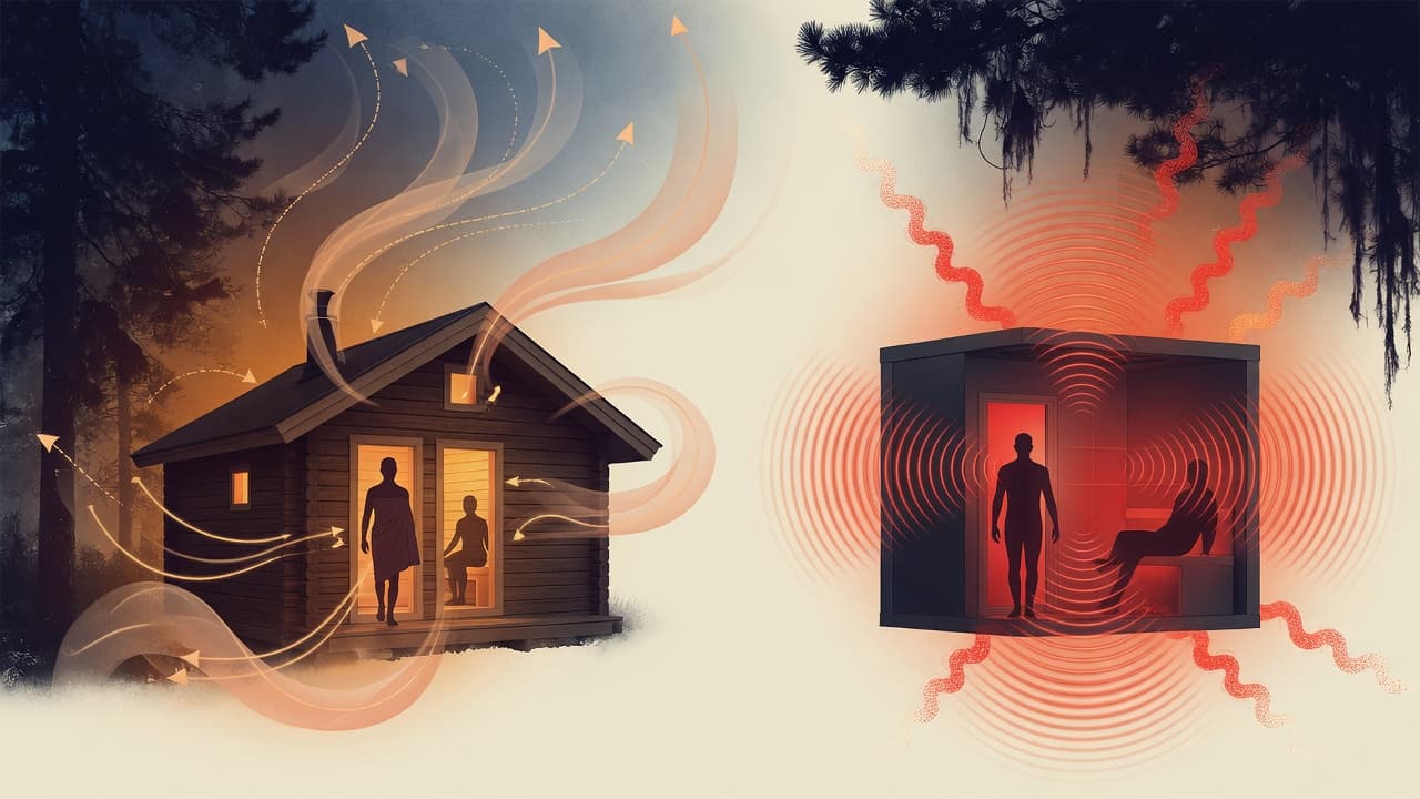 A warm, wood-lined sauna heat environment illustrating the thermal dose behind the physiological response.
