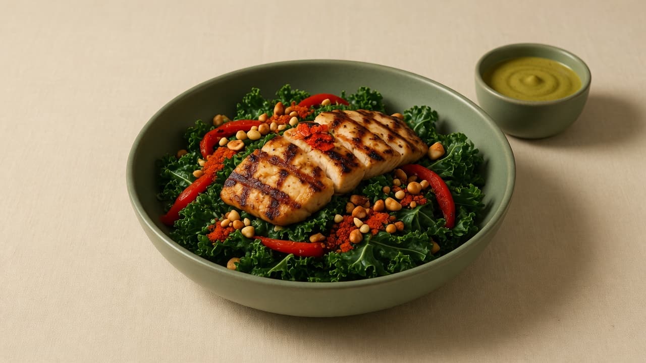True Food Kitchen Tuscan kale salad with grilled chicken and dressing served separately.