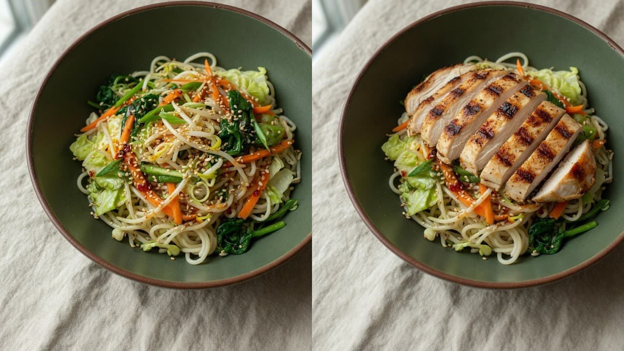 True Food Kitchen Korean Noodle Bowl shown before and after adding grilled chicken.