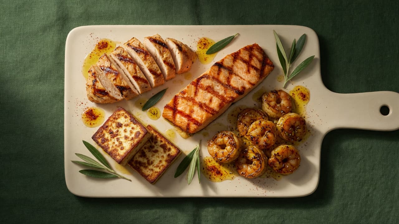True Food Kitchen protein add-ons arranged for comparing chicken, salmon, shrimp, steak, and tofu.