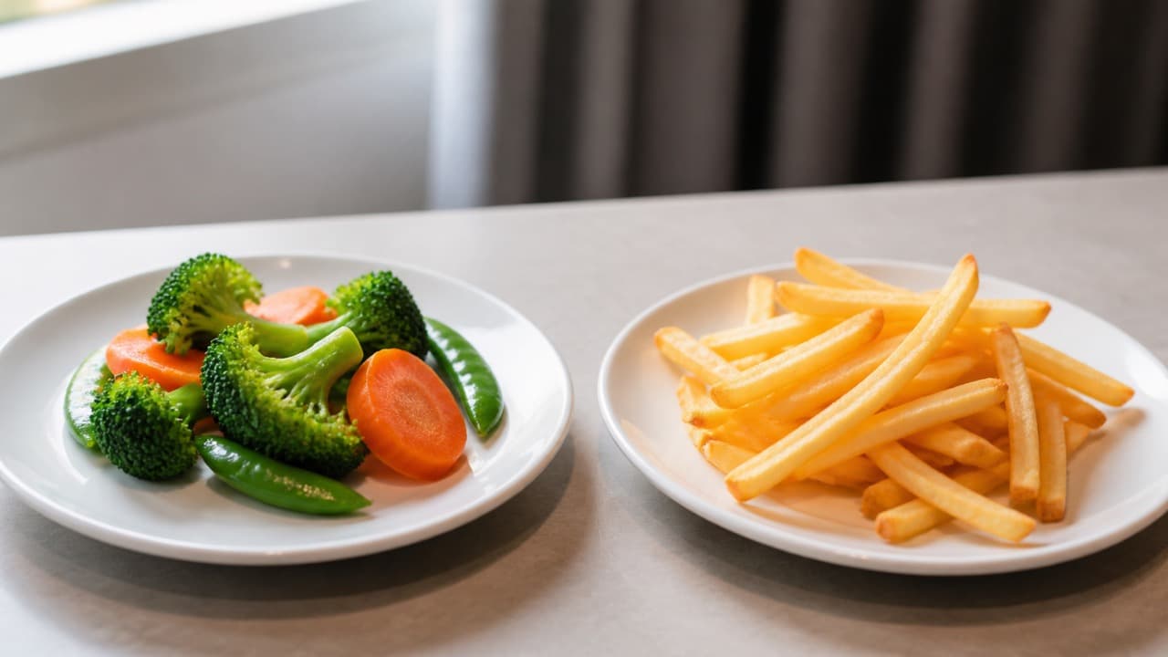 Plain fresh vegetables and a modest serving of French fries shown side by side.