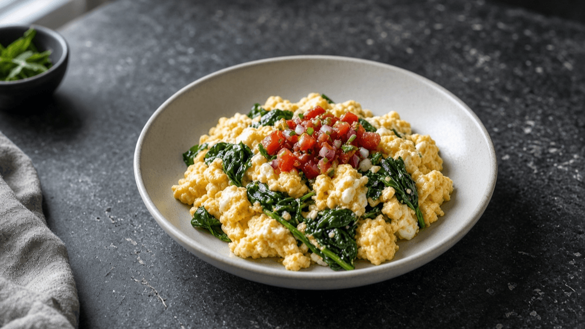 An upgraded egg scramble with egg whites, spinach, and salsa.