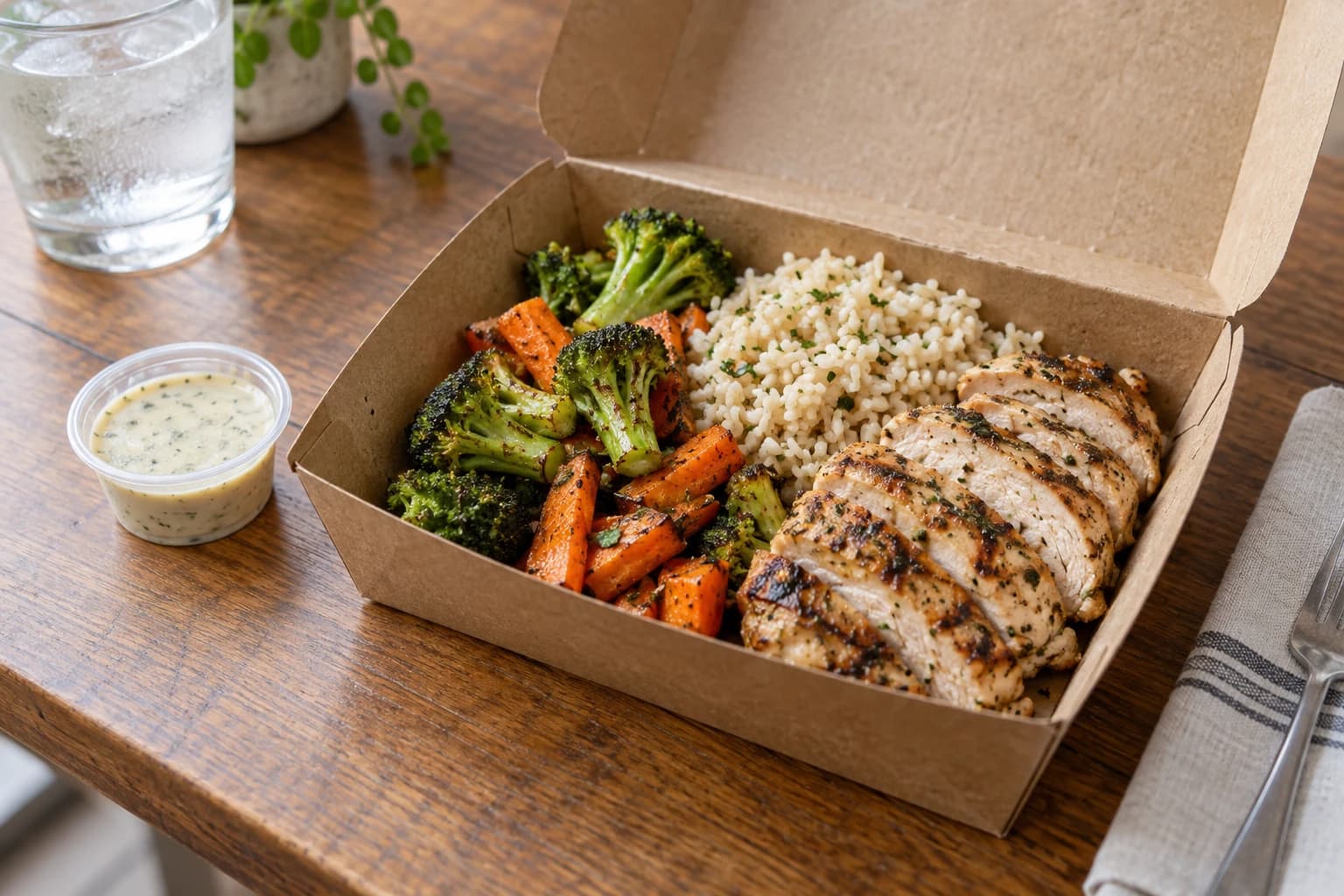 An illustrative takeaway container with identifiable chicken, rice, vegetables, and a separate sauce cup.