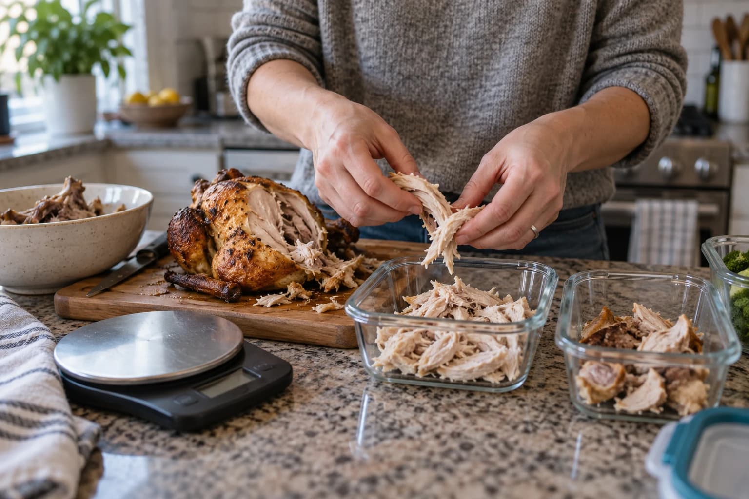 Hands pulling cooked rotisserie chicken into meal containers beside a kitchen scale.