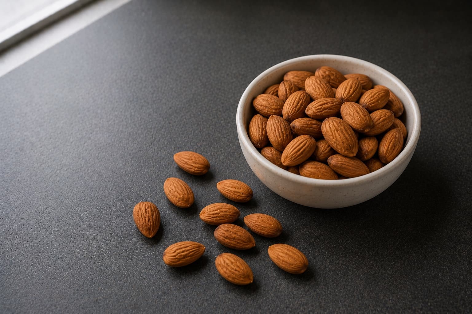 Whole raw almonds in a bowl beside a spoonful of almond butter