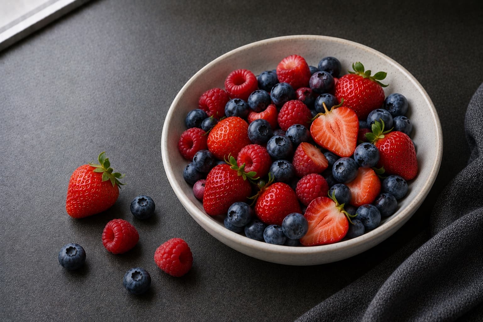 Blueberries, strawberries, raspberries, and blackberries in a shallow bowl