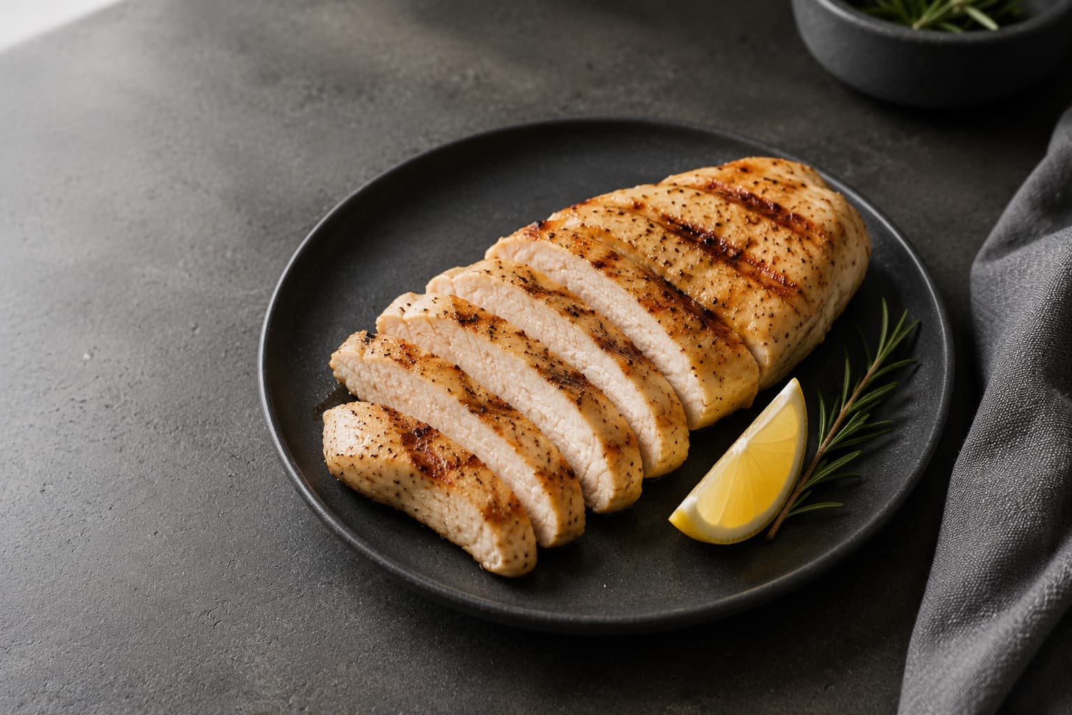 Raw boneless skinless chicken breasts on a board beside a sliced roasted breast