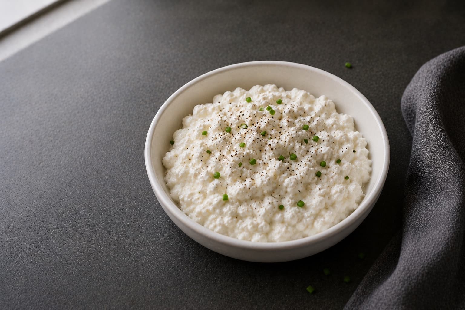 Large-curd cottage cheese in a bowl with a spoon resting in it