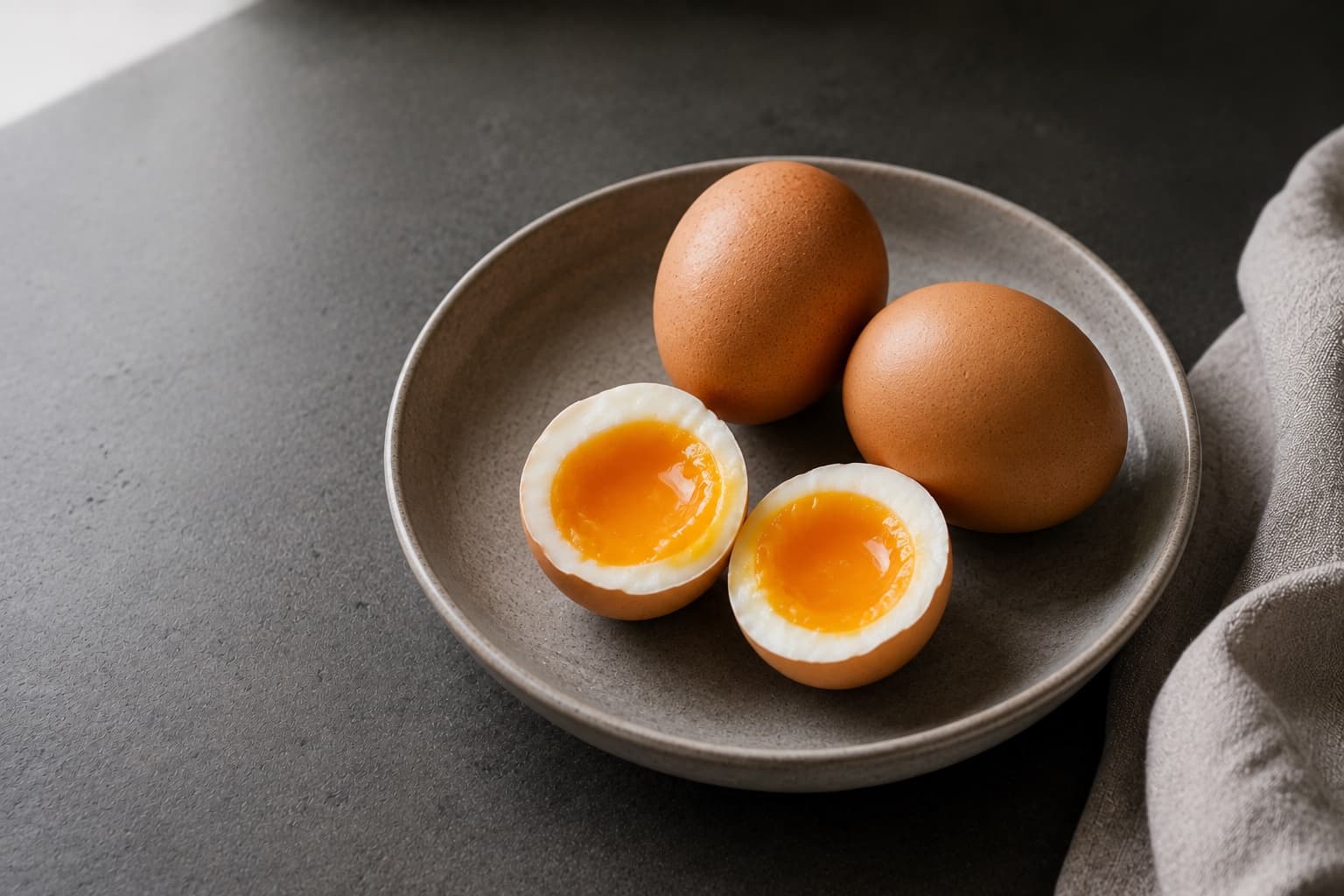 Whole brown eggs beside a cracked egg showing the separated yolk and white