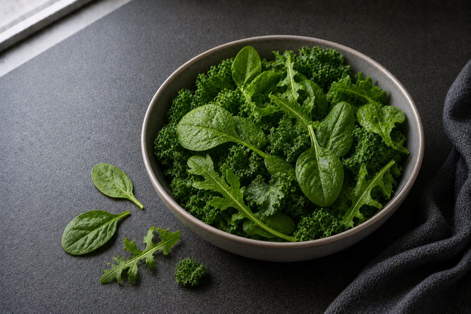 Baby spinach, curly kale, and romaine leaves arranged on a board