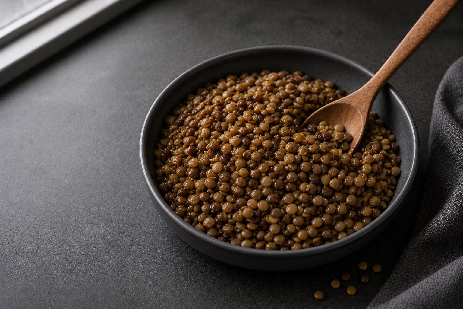 Dry brown lentils in a scoop beside a bowl of cooked lentils