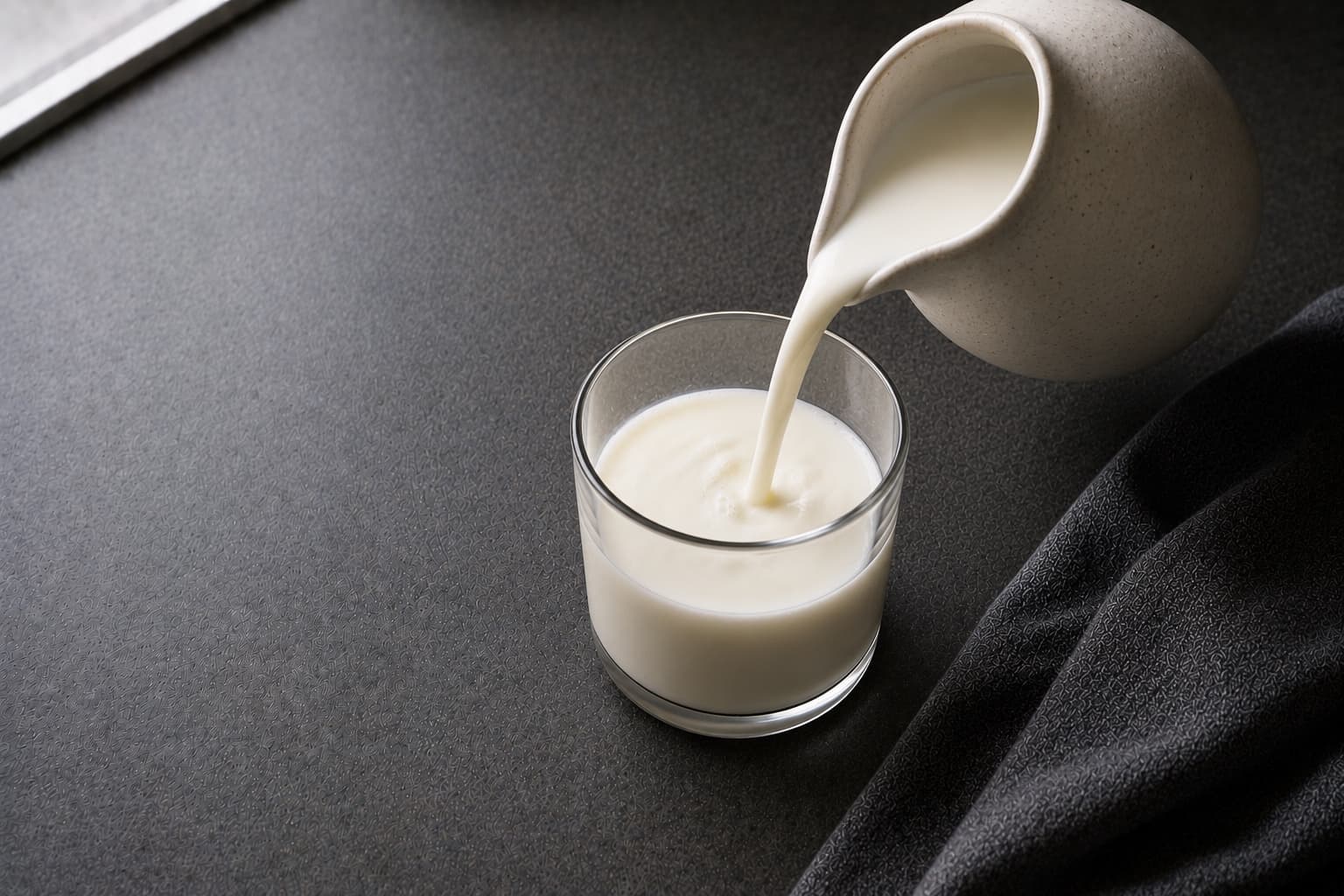 A glass of milk beside a carton on a kitchen counter
