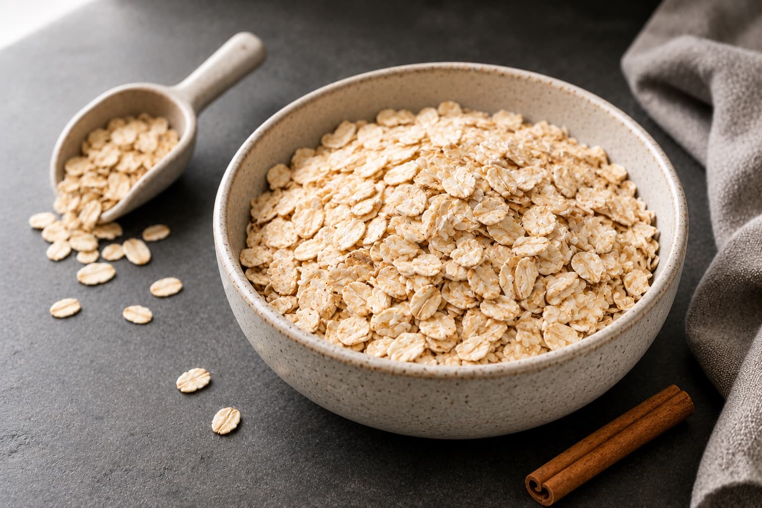 Dry rolled oats in a measuring cup beside a bowl of cooked oatmeal