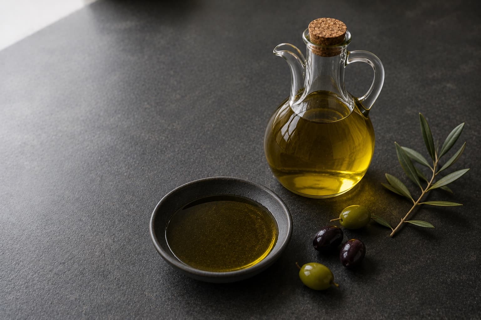Extra virgin olive oil poured into a measuring spoon beside the bottle